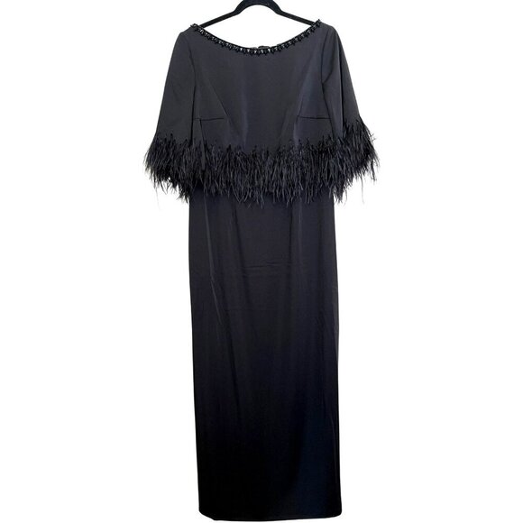 Mac Duggal Black Feather Beaded Short Sleeve Formal Gown Maxi Dress NWT Sz 10 - Picture 4 of 9